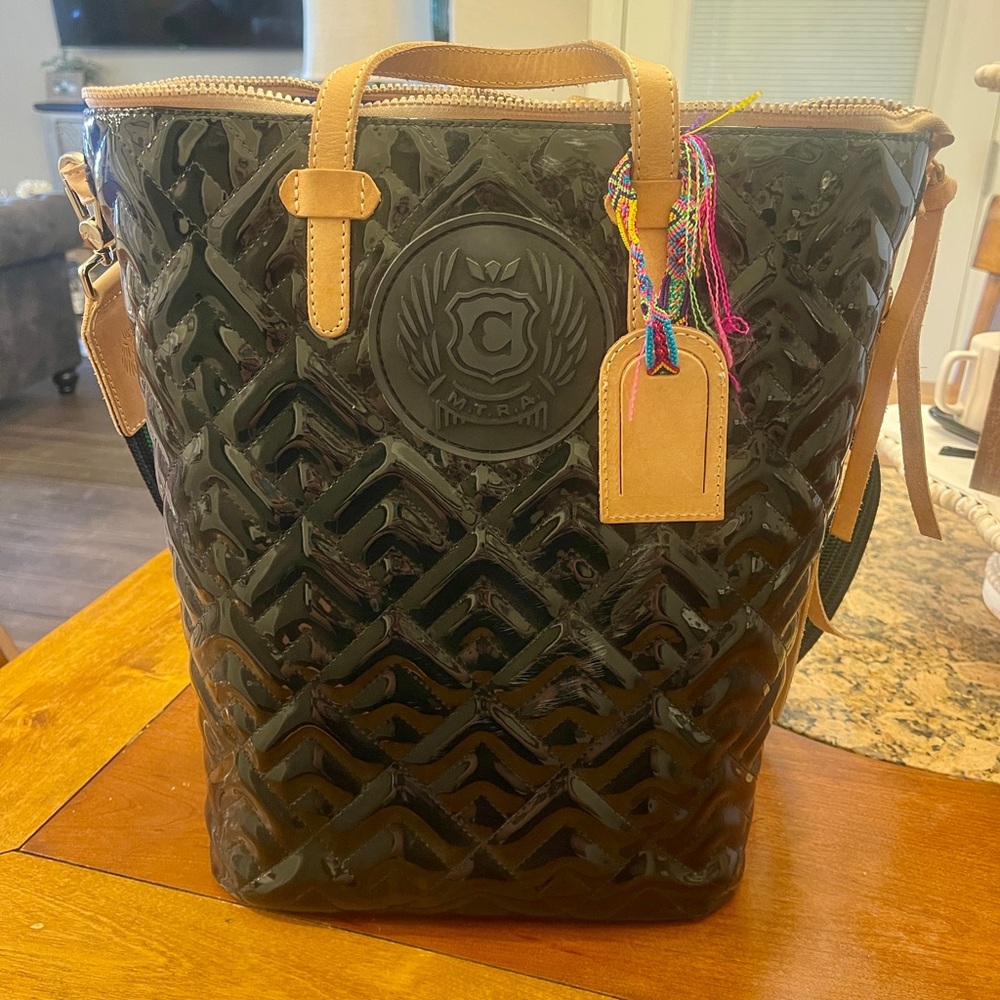 Consuela Black Patent Quilted Tote with Tan Trim